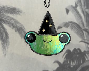 Wizard frog iridescent glass suncatcher | gift ornament | Spooky season Halloween | Cottage core | Handmade
