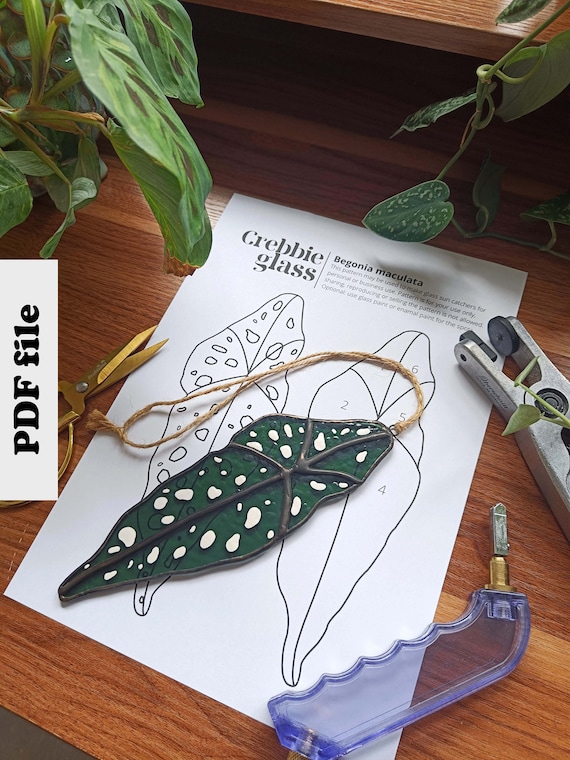 Stained glass pattern - DIGITAL DOWNLOAD | Begonia maculata leaf glass suncatcher | Botanical Stippen Begonia