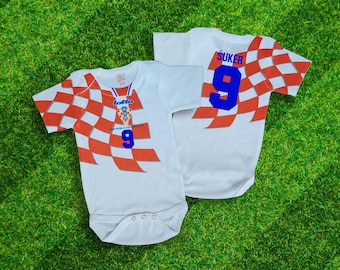 Baby soccer Croatian retro themed jersey bodysuit. Personalization available