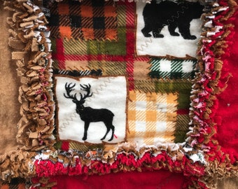Nordic grey and black stag red white Pre cut  Rag Quilt KIT ~ deer checks and plaid