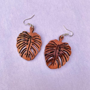 Boho Wooden Monstera Leaf Dangle Earrings