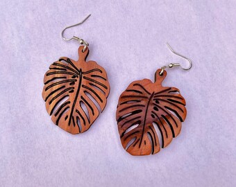 Boho Wooden Monstera Leaf Dangle Earrings