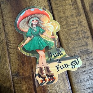 Punny Rollerblading Mushroom Girl Kisscut Vinyl Sticker
