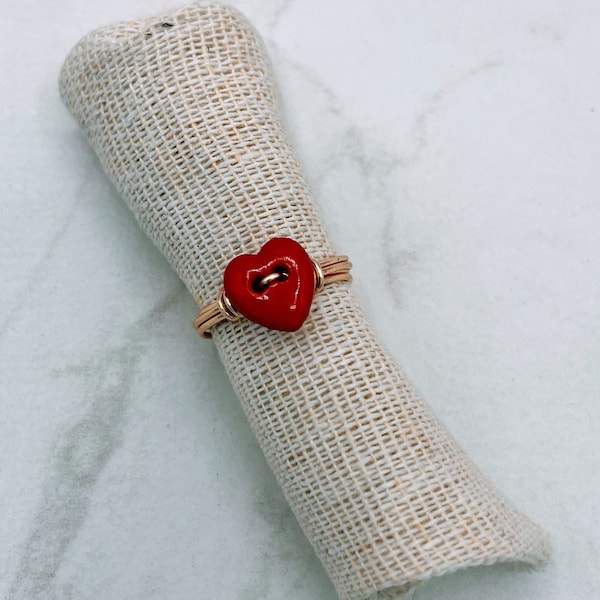Red Heart Button Ring