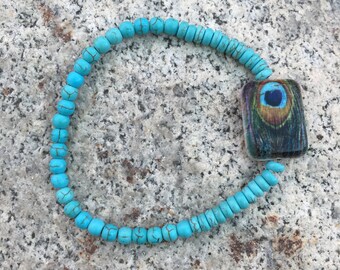 Pulsera de plumas de pavo real turquesa
