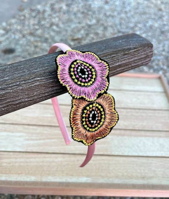 Beaded Floral Statement Headband | Embroidered Boho | Orange Pink Blue | NWT Denim_Floral_Hand_Beaded_Knot_  main image 2