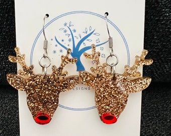 Rudolph, earrings, Acrylic earrings, Glitter acrylic, Reindeer earrings, Christmas earrings, lightweight earrings, Gifts for her
