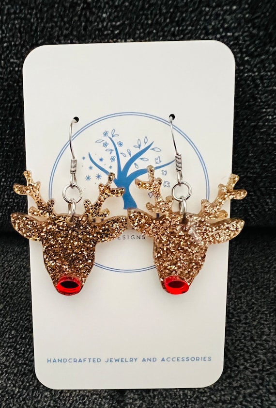 Rudolph, earrings, Acrylic earrings, Glitter acrylic, Reindeer earrings, Christmas earrings, lightweight earrings, Gifts for her