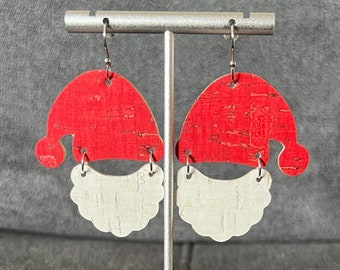 Christmas earrings, Santa hat earrings, Santa beard earrings, Santa earrings, Santa Claus, lightweight earrings, gifts for her, cork leather