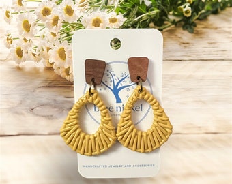 Mustard Triangular Tear Drop Earrings, Lightweight Earrings, Acrylic Rattan, Teardrop
