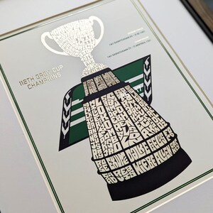 May include: Framed print featuring a stylized silver trophy, with the words "112th Grey Cup Champions" at the top. The trophy is filled with text, set against a light gray background, with green and black accents.