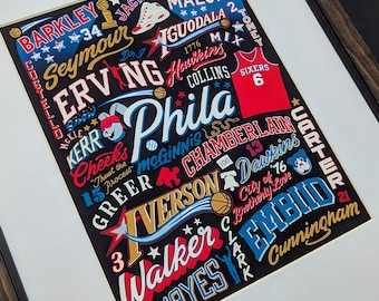 May include: A black and white graphic print featuring the names of Philadelphia 76ers players, including Barkley, Iverson, Embiid, and more. The print includes the team's logo and the words "Phila" and "Sixers".