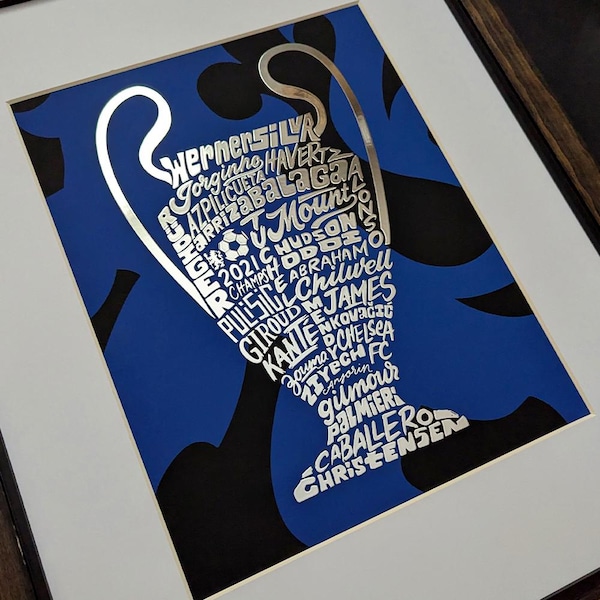 Poster artistico in lamina d'argento della Champions League del Chelsea FC, arte del Chelsea, regalo del Chelsea, campioni del Chelsea, regalo del Chelsea per papà