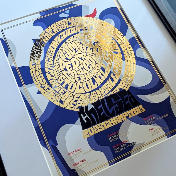 Poster in lamina d'oro della Coppa del mondo per club del Chelsea FC 2025 con Palmer, James, Fernández, Caicedo, Colwill, Sanchez, Nkunku, Neto, Pedro e Gusto