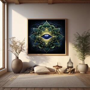 Op de afbeelding: Een blauw oog met gouden accenten omringd door een groene en gouden mandala op een donkerblauwe achtergrond.