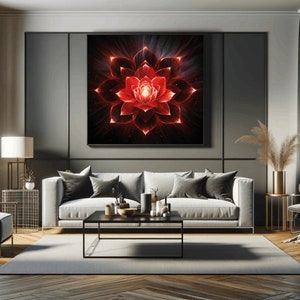 Puede incluir: Una impresión de arte abstracto de una flor de loto roja brillante sobre un fondo oscuro. La impresión está colgada en una pared de una sala de estar moderna con un sofá gris y una mesa de café.