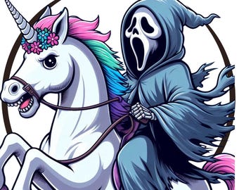 Halloween Horror Geist Einhorn wir reiten im Morgengrauen gruseliges beängstigendes lustiges Gesicht Oktober Herbst Digitaldruck