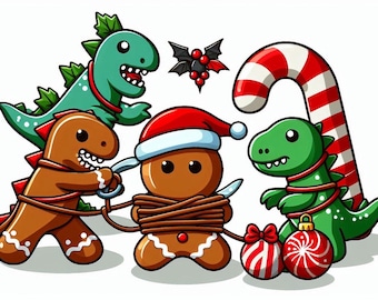 Weihnachtslebkuchen Dinosaurier Kampf Zuckerstange Dino Urlaub Digitaldruck witziges Unikat