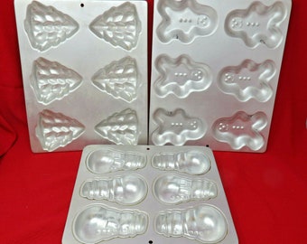 Vntg Wilton Aluminum Snowman Tree Gingerbread Cupcake Brownie Mold Baking Pans VGUC