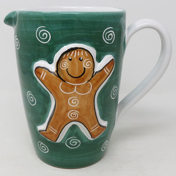 Holiday Gingerbread Man Ceramic Pitcher Hand Painted Italy 7 1/2 Tall VGUC