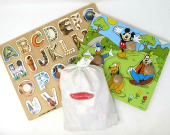 Melissa & Doug Alphabet Puzzle + Disney Knob Puzzle + Bag of 50 ABC Blocks GUC