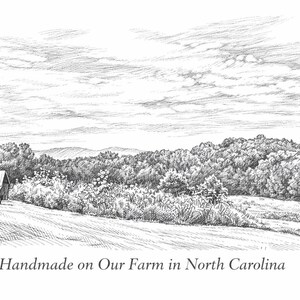Hand-drawn landscape illustration representing furniture handcrafted on a working farm in North Carolina.