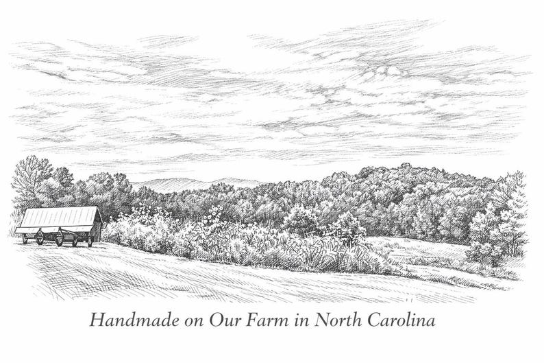 Hand-drawn landscape illustration representing furniture handcrafted on a working farm in North Carolina.