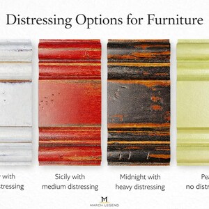 Illustration showing distressing finish options for handmade farmhouse furniture.
