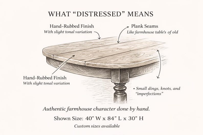 Line drawing graphic explaining distressed farmhouse finishes and intentional handcrafted character marks.