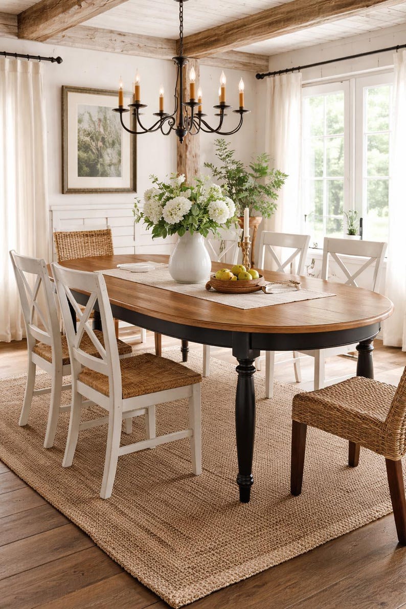 Handmade farmhouse oval dining table styled in a warm farmhouse dining room with soft natural light and classic chairs.