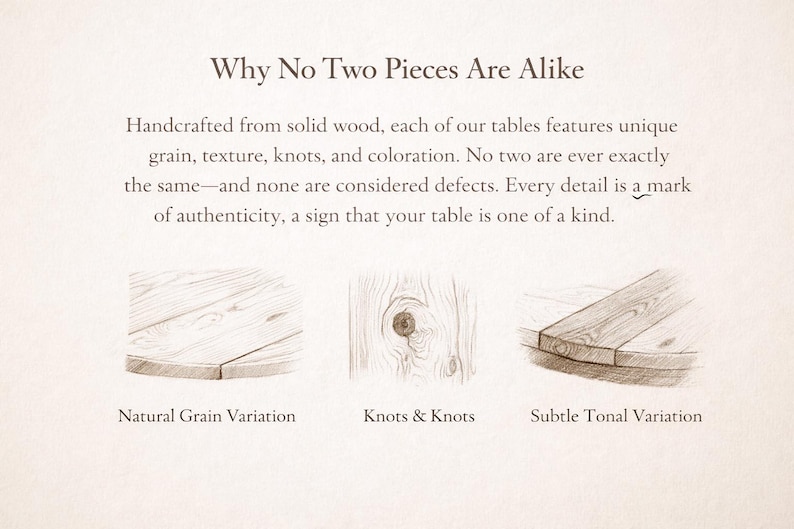 Hand-drawn sketch explaining natural wood grain variation, knots, and plank seams in handmade furniture.