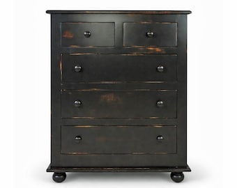 Handmade Farmhouse 2 Over 3 Chest | Solid Wood Dresser | Distressed Black Bedroom Storage