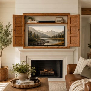 Wall mounted oak TV hideaway cabinet above farmhouse fireplace with television concealed behind bi-fold doors.