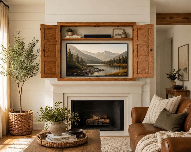 Wall mounted oak TV hideaway cabinet above farmhouse fireplace with television concealed behind bi-fold doors.