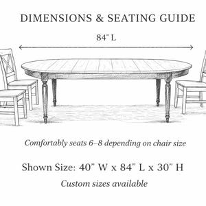 Diagram showing seating capacity for an oval farmhouse dining table, comfortably seating six to eight people.
