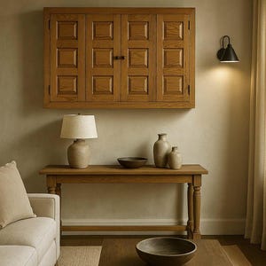 Phoenix TV Wall Cabinet styled in a rustic farmhouse living room, mounted above a wooden console table with pottery décor, neutral tones, and warm lighting.