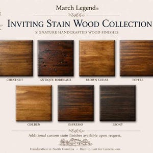 May include: A March Legend Inviting Stain Wood Collection display featuring seven square wood samples with distinct finishes labeled Chestnut, Antique Bordeaux, Brown Cedar, Toffee, Golden, Espresso, and Ebony, arranged on a light background.