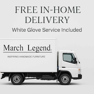 White delivery truck with March Legend logo and text reading “Free In-Home Delivery – White Glove Service Included,” promoting premium furniture delivery service.