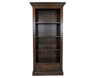 William Farmhouse Bookcase | Solid American Cherry Bookshelf | Traditional Farmhouse Storage Bookshelves | Handmade Bookcase with Drawer