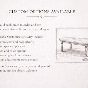 Text-based graphic describing custom size, wood, finish, and design options for handmade furniture.