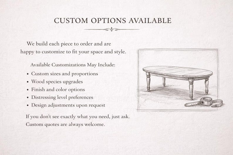 Text-based graphic describing custom size, wood, finish, and design options for handmade furniture.