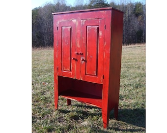 American Made Pine Cupboard: Primitive Sicily Red Farmhouse Cabinet