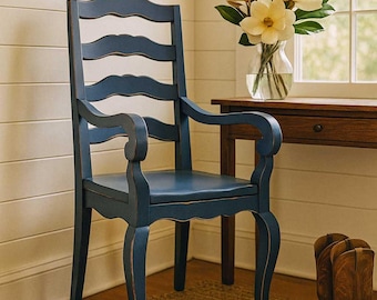 Handcrafted Maple Wood Arm Chair: Nautical Blue Farmhouse Ladderback