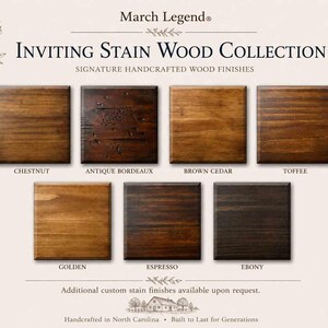 May include: A March Legend Inviting Stain Wood Collection display featuring seven square wood samples with distinct finishes labeled Chestnut, Antique Bordeaux, Brown Cedar, Toffee, Golden, Espresso, and Ebony, arranged on a light background.