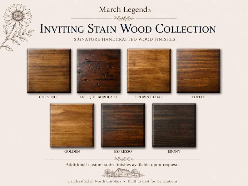 May include: A March Legend Inviting Stain Wood Collection display featuring seven square wood samples with distinct finishes labeled Chestnut, Antique Bordeaux, Brown Cedar, Toffee, Golden, Espresso, and Ebony, arranged on a light background.