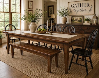 Solid Cherry Dining Table with Matching Bench, Handmade Shaker Farmhouse Table
