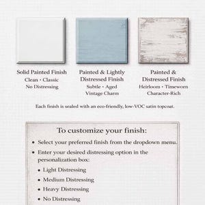 Guide showing finish color options for handmade farmhouse furniture pieces.
