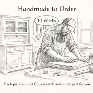 Sketch-style graphic explaining the made-to-order process for handcrafted solid wood furniture.