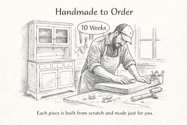 Sketch-style graphic explaining the made-to-order process for handcrafted solid wood furniture.