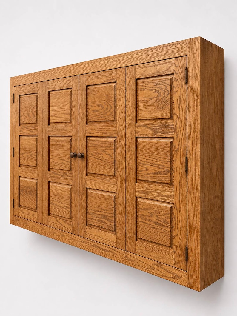 Angled perspective of handcrafted oak TV cabinet showing depth, raised panel doors, and solid wood construction.